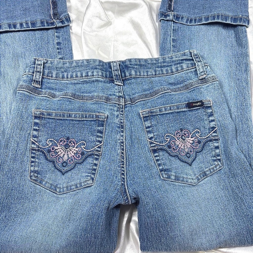 y2k Angels Embroidered Straight Leg Jeans Blue Excellent Cuffed Mid Rise 5